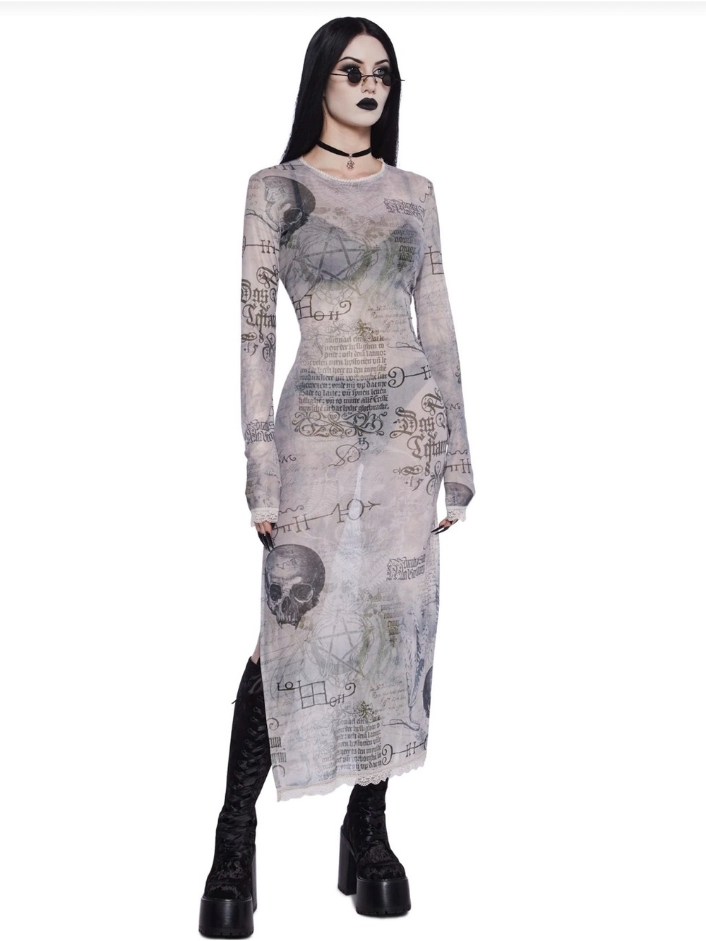 Long Sleeve Gothic Script Print Maxi Dress in Light Gray